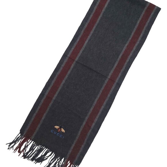Gucci Vintage Gray & Burgundy Stripe Scarf w Embroidered Bee Logo - Picture 1 of 11
